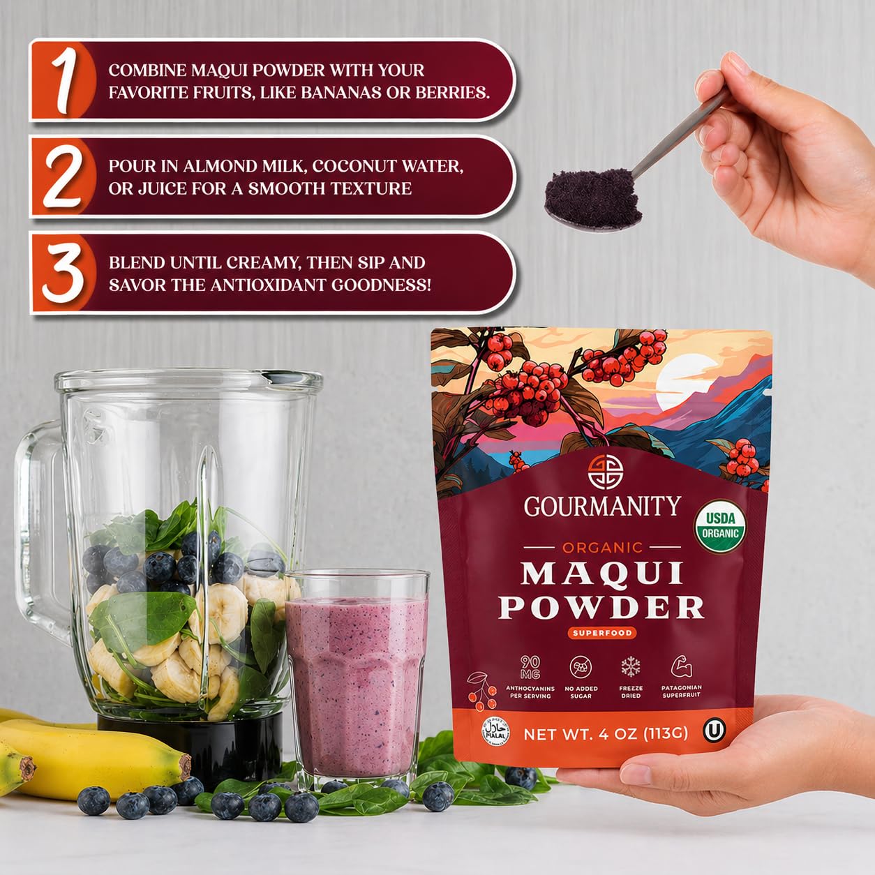 Gourmanity packaging label visible with USDA Organic, Kosher, and Halal seals
