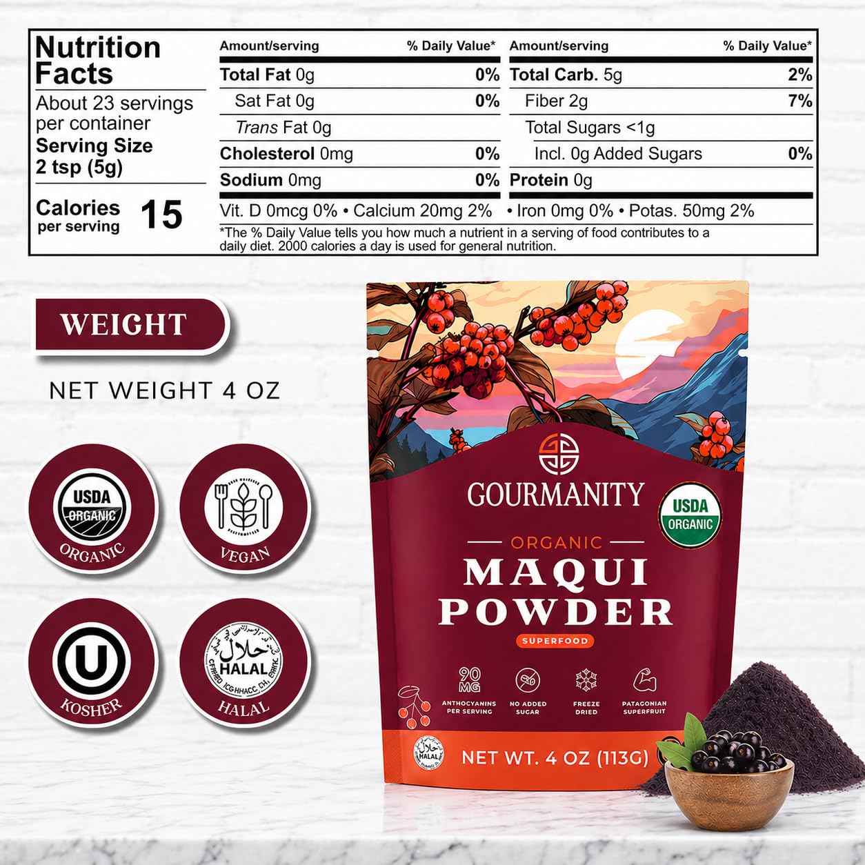 Gourmanity close-up of maqui powder texture showing fine, vibrant berry powder