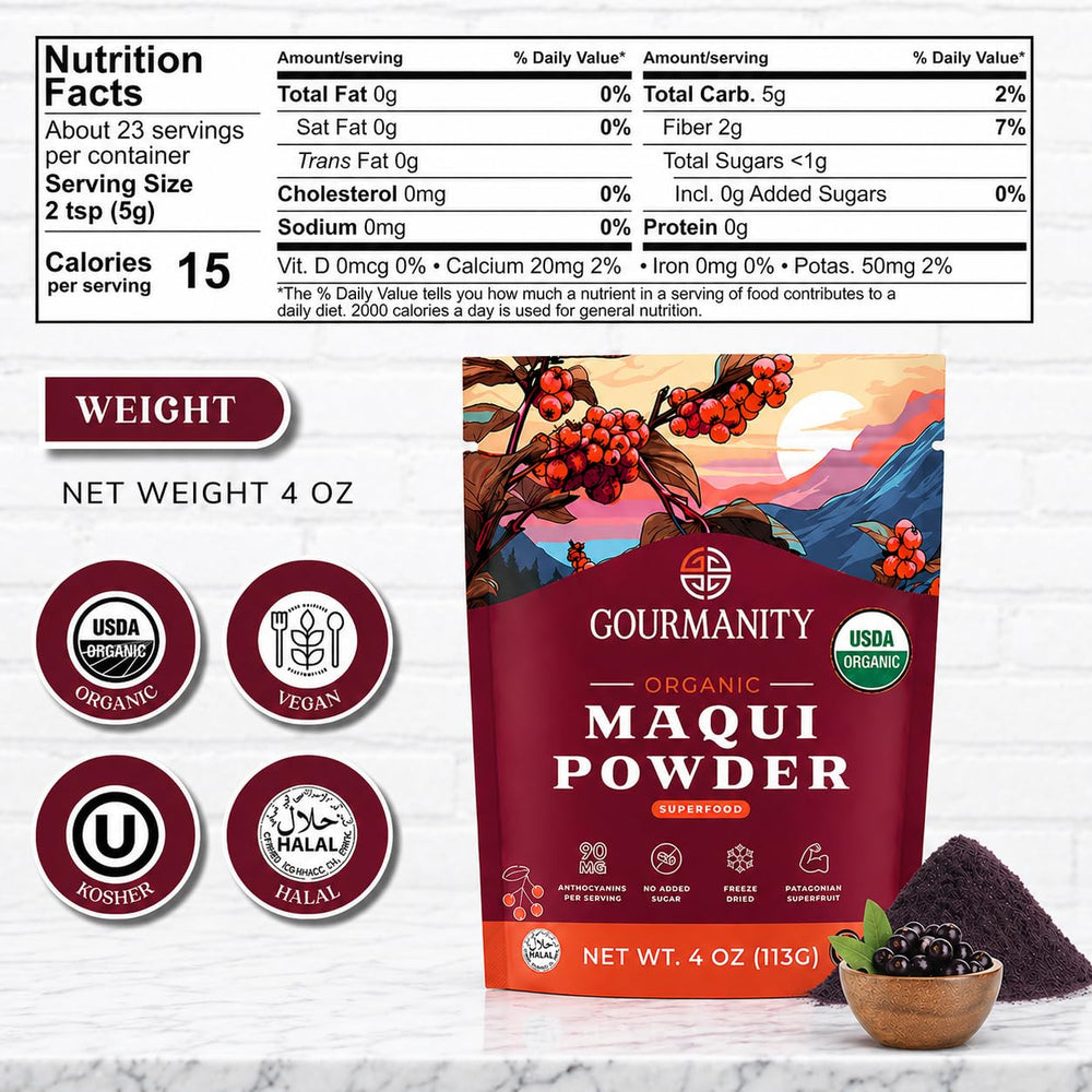 Gourmanity close-up of maqui powder texture showing fine, vibrant berry powder