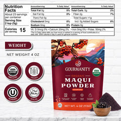 Gourmanity close-up of maqui powder texture showing fine, vibrant berry powder