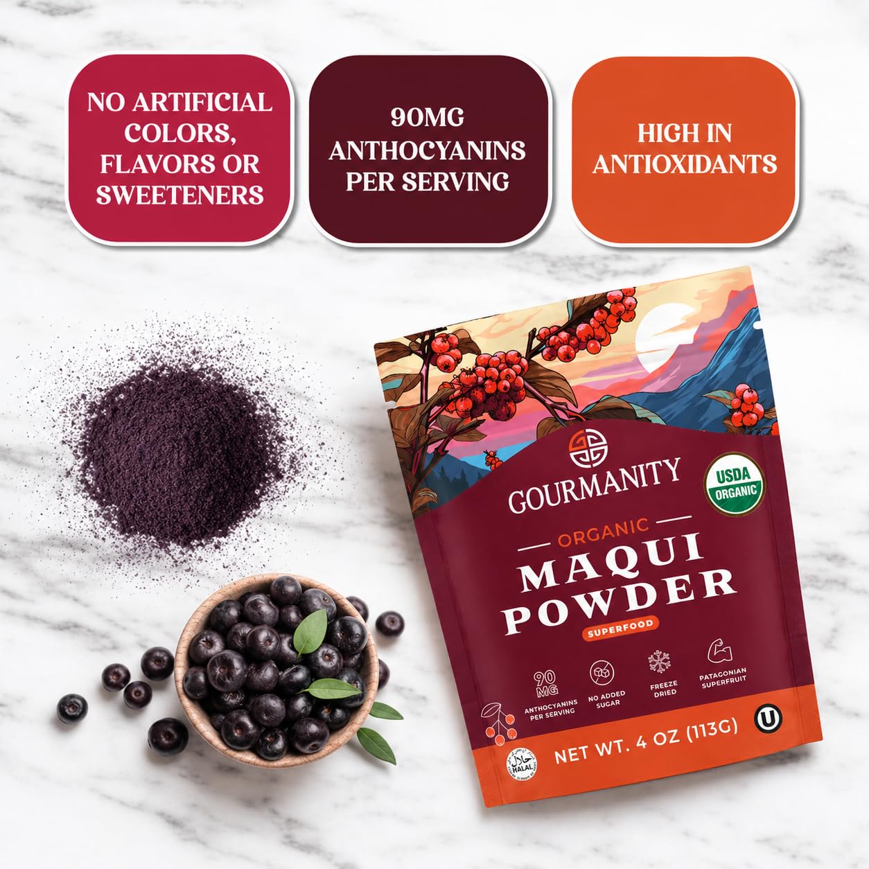 Gourmanity maqui powder blended into a smoothie bowl for vivid color and flavor