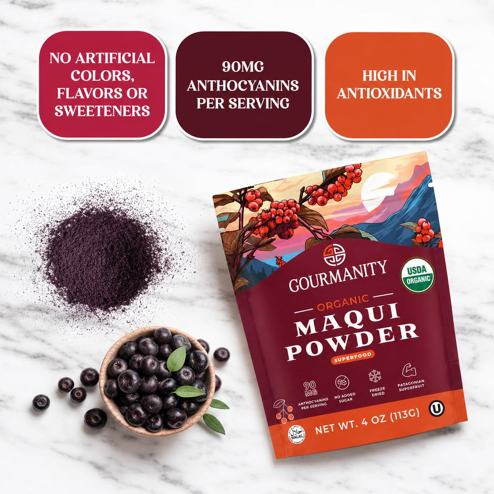 Gourmanity maqui powder blended into a smoothie bowl for vivid color and flavor