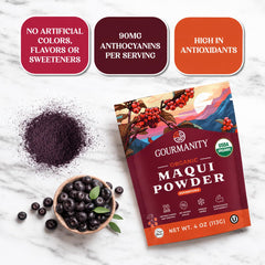 Gourmanity maqui powder blended into a smoothie bowl for vivid color and flavor