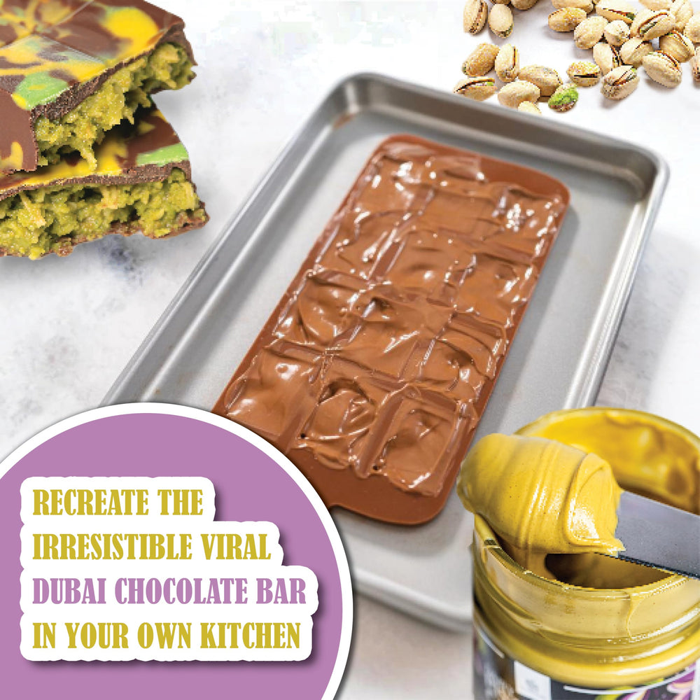 Gourmanity spoon of pistachio cream showing smooth texture and easy spreading benefit