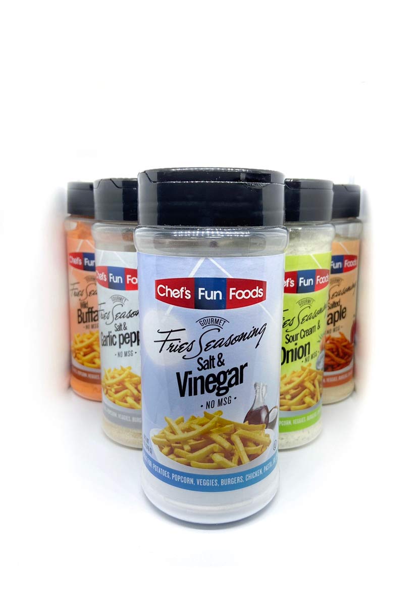Gourmet Fries Seasonings next to a ruler showing compact 12-ounce size