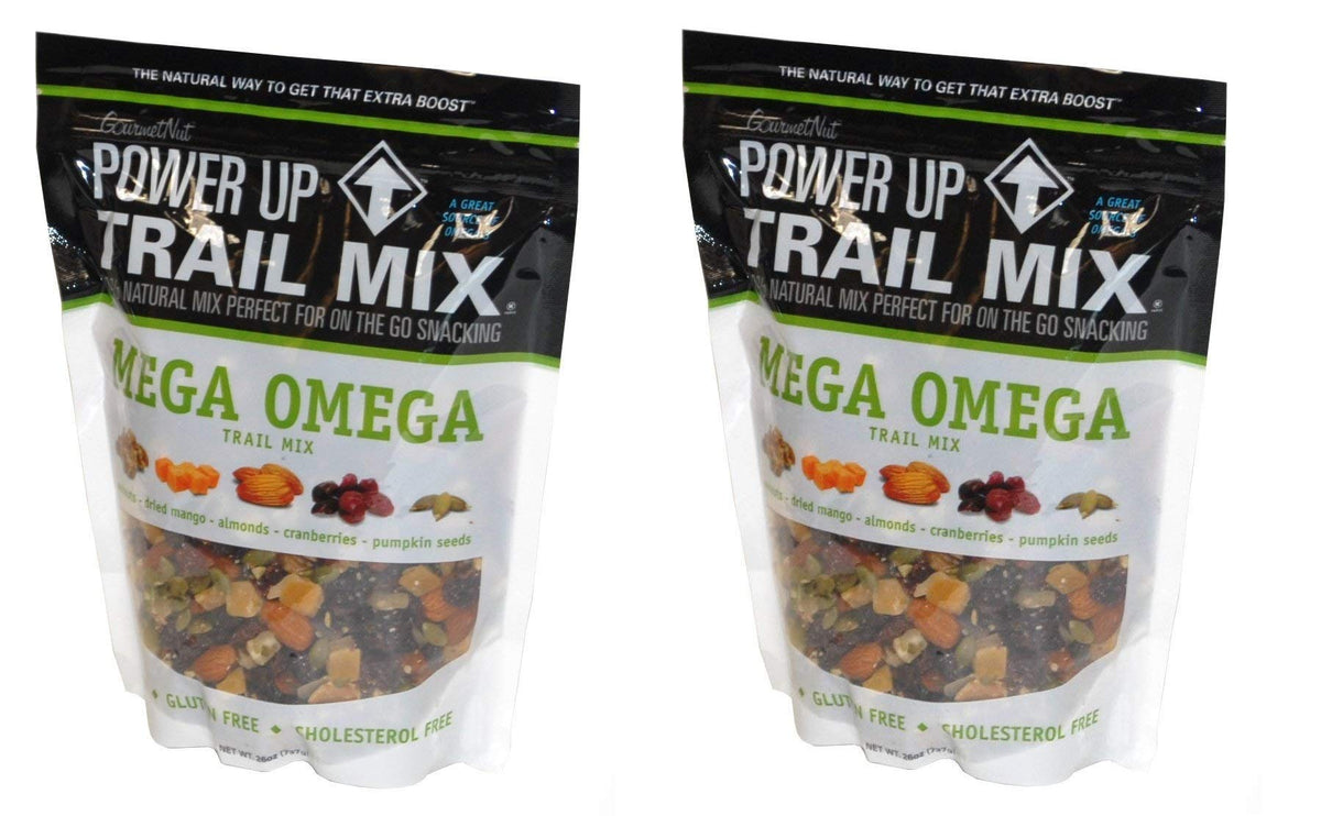 GourmetNut front packaging showing mix, convenient two-pack and omega-rich benefits