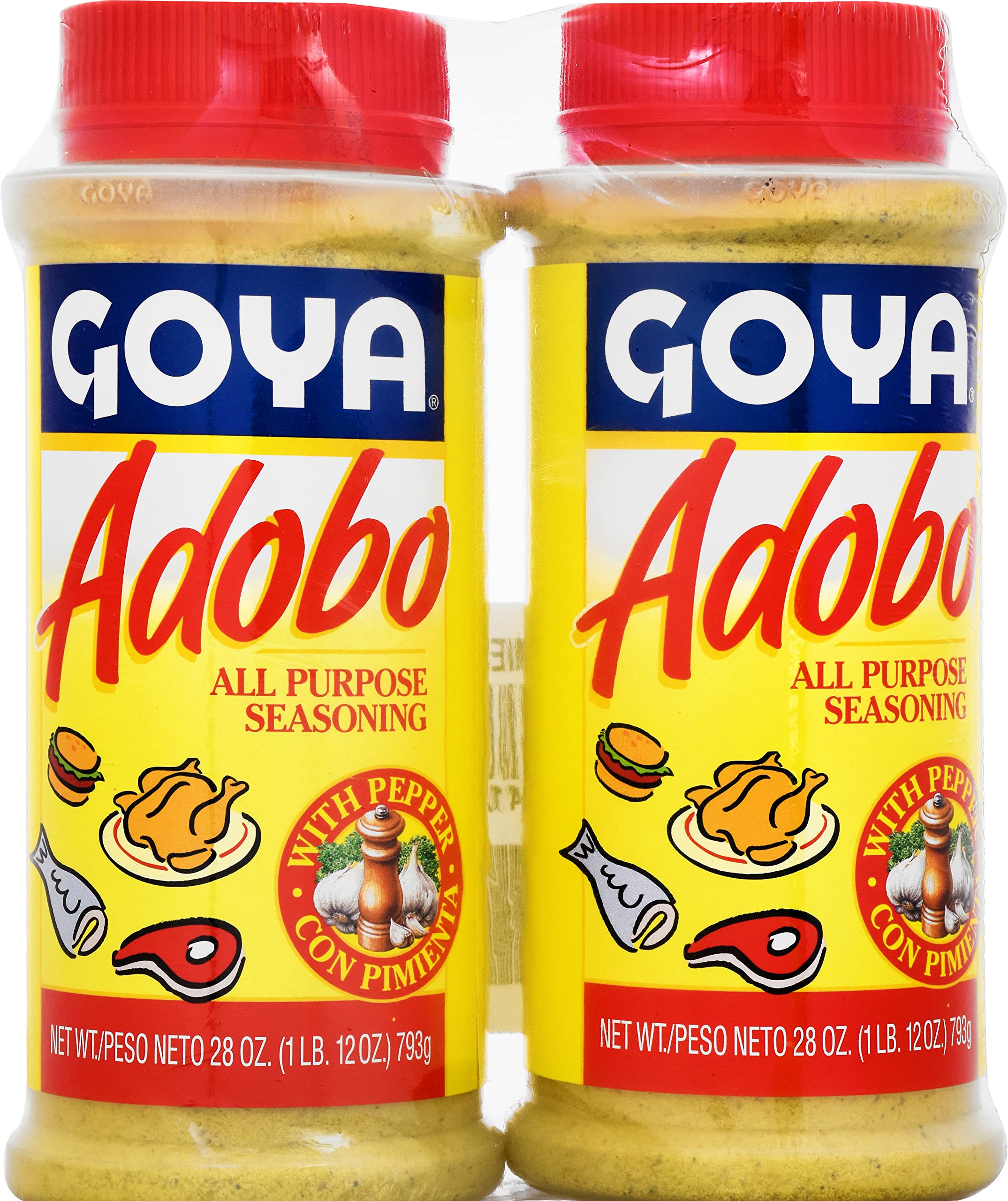Goya Adobo front packaging shows label and seasoning, enhances quick flavorful cooking