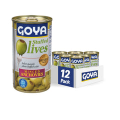 Goya Manzanilla olives front can view showing label and size, convenient pantry staple