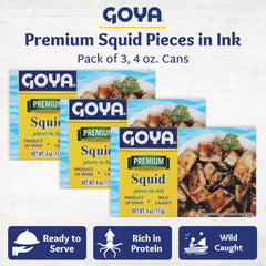 Goya open can top view revealing squid in tinta for quick serving