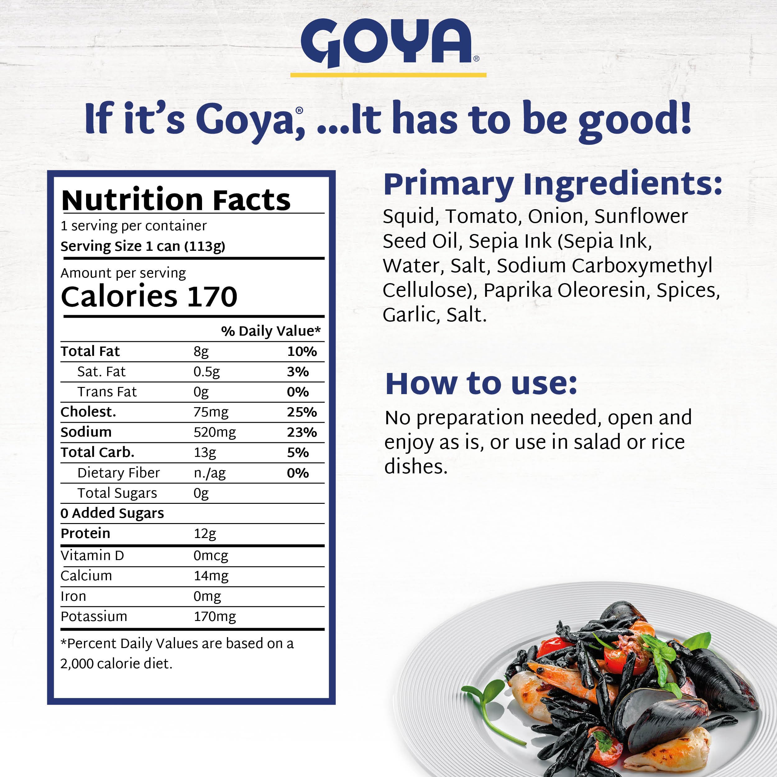 Goya salad with squid in tinta displaying flavorful, ready-to-eat topping
