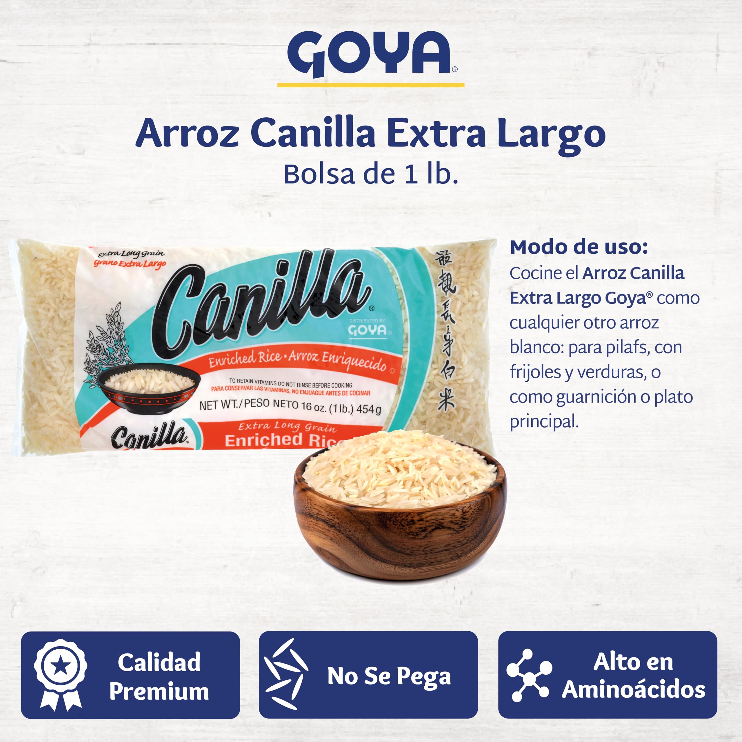 Goya Canilla measured rice in cup illustrating easy portioning