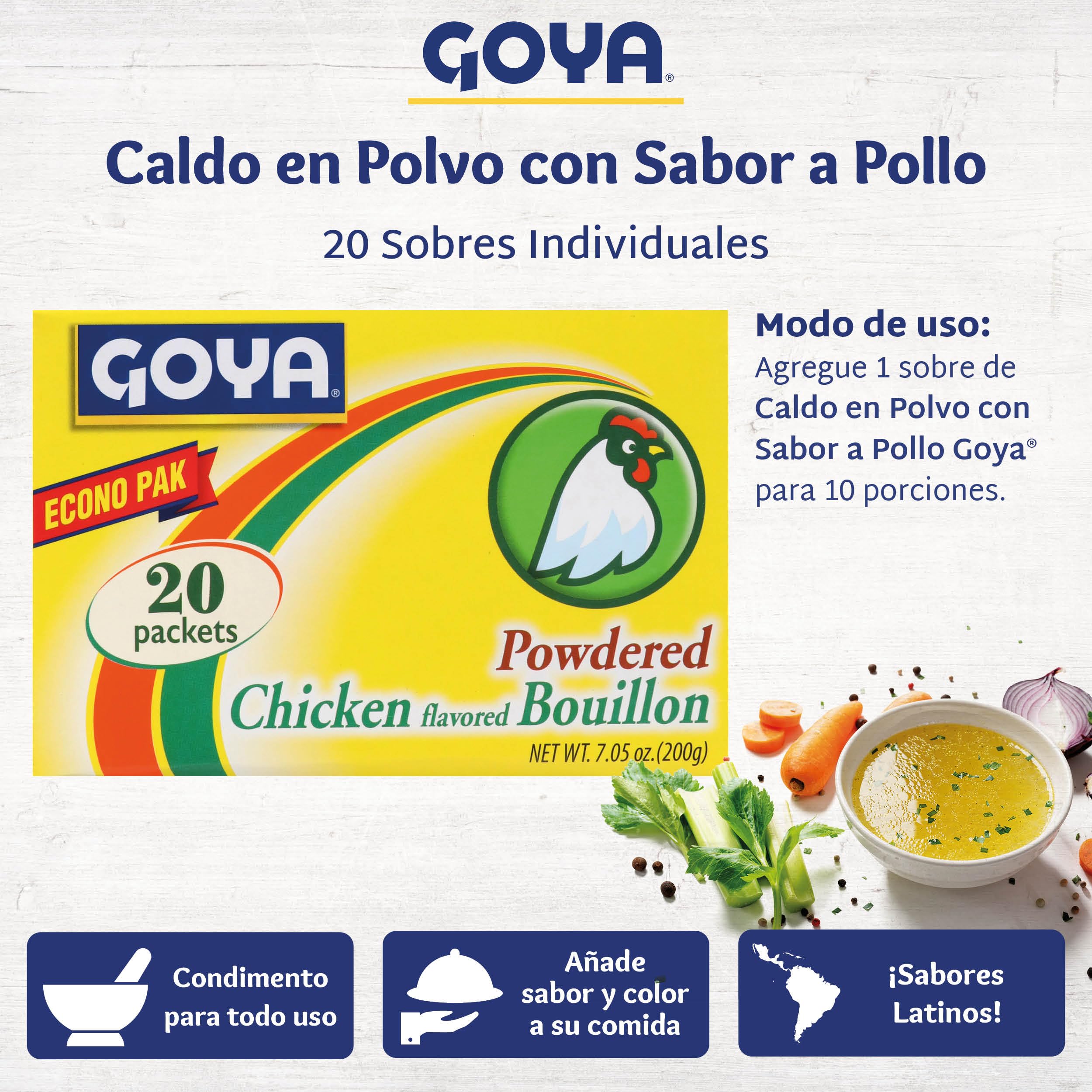 Goya packet poured onto spoon demonstrating fast dissolve and convenience