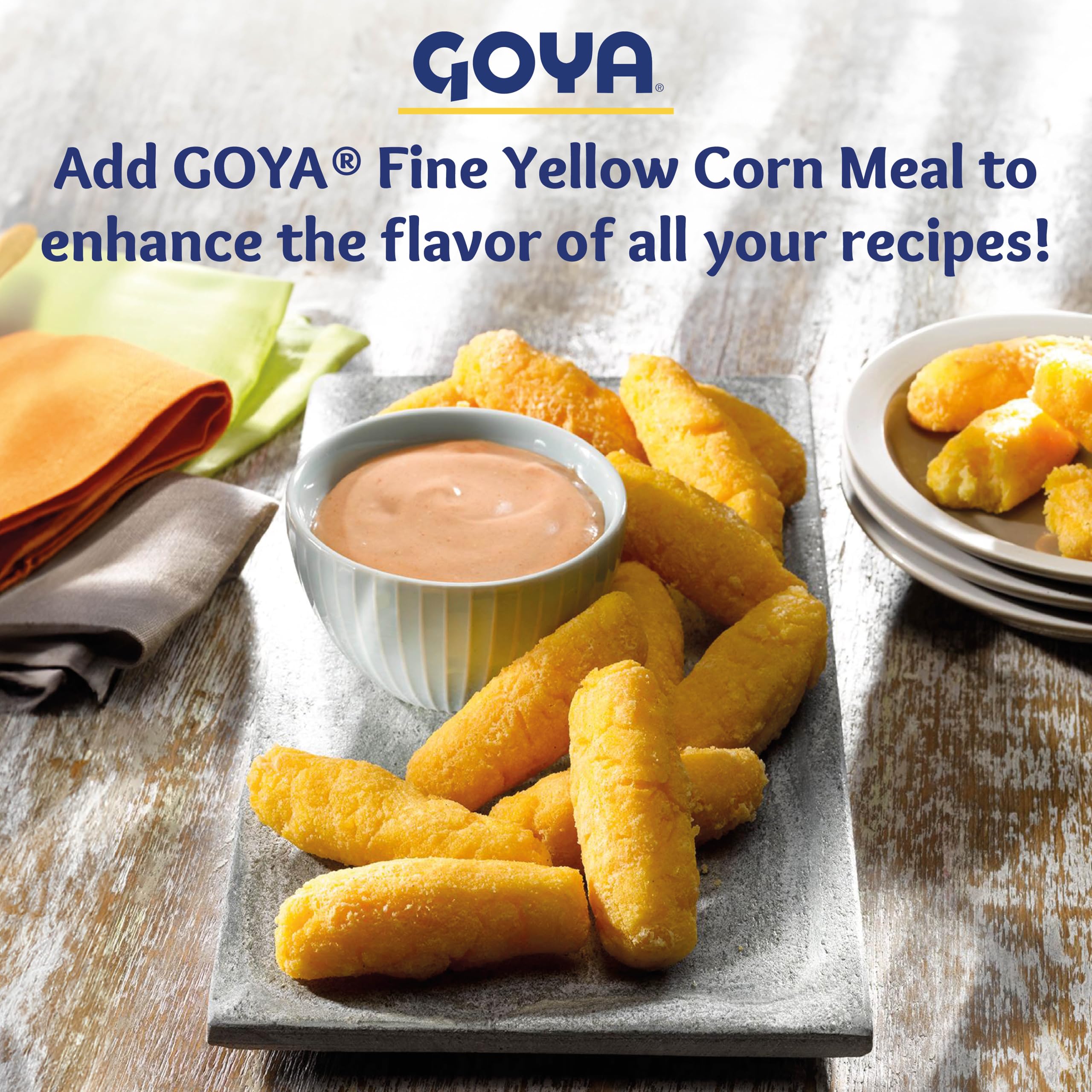 Goya cornmeal batter coating on fish illustrating crisp frying result