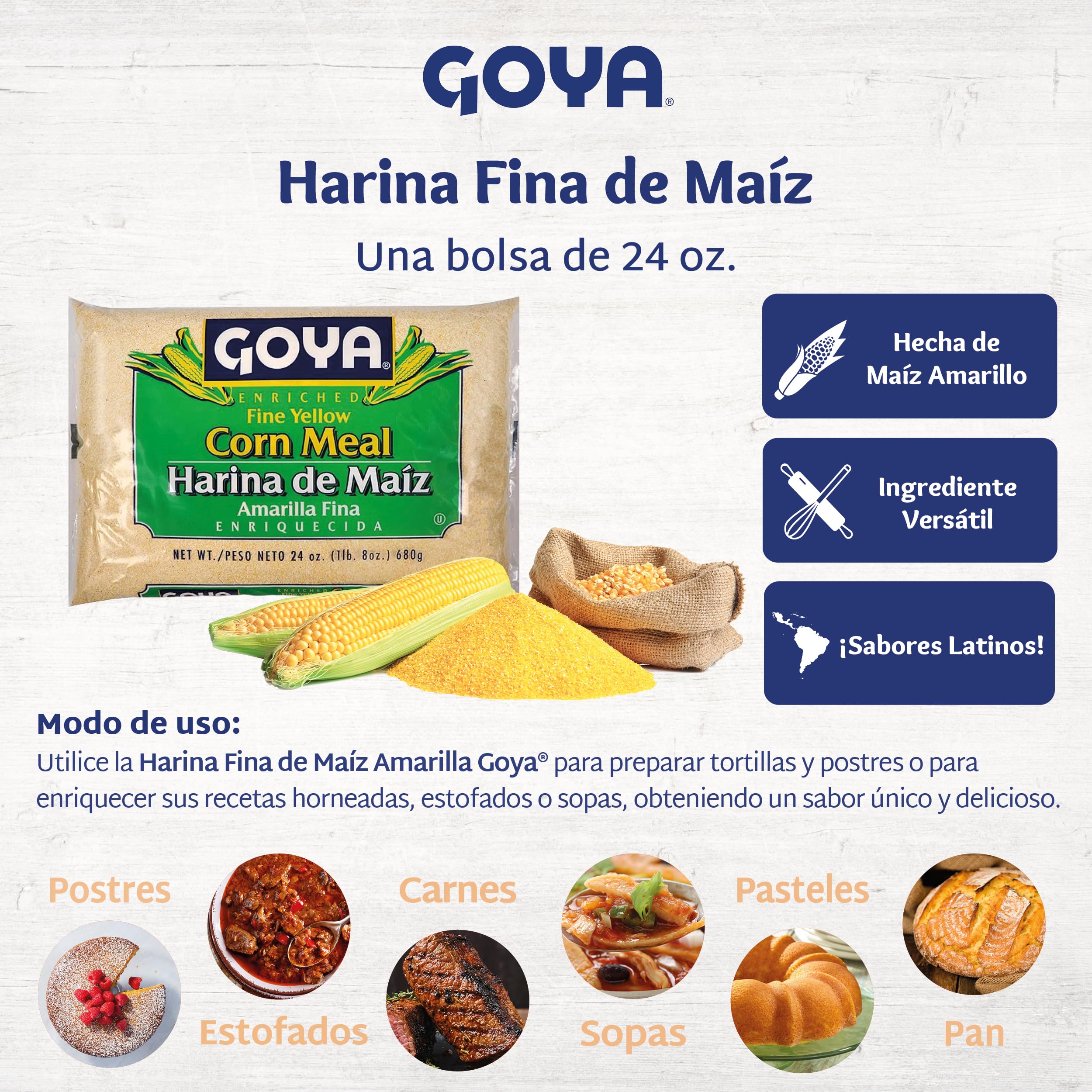 Goya cornmeal in ingredient bowls ready for recipe prep and versatility