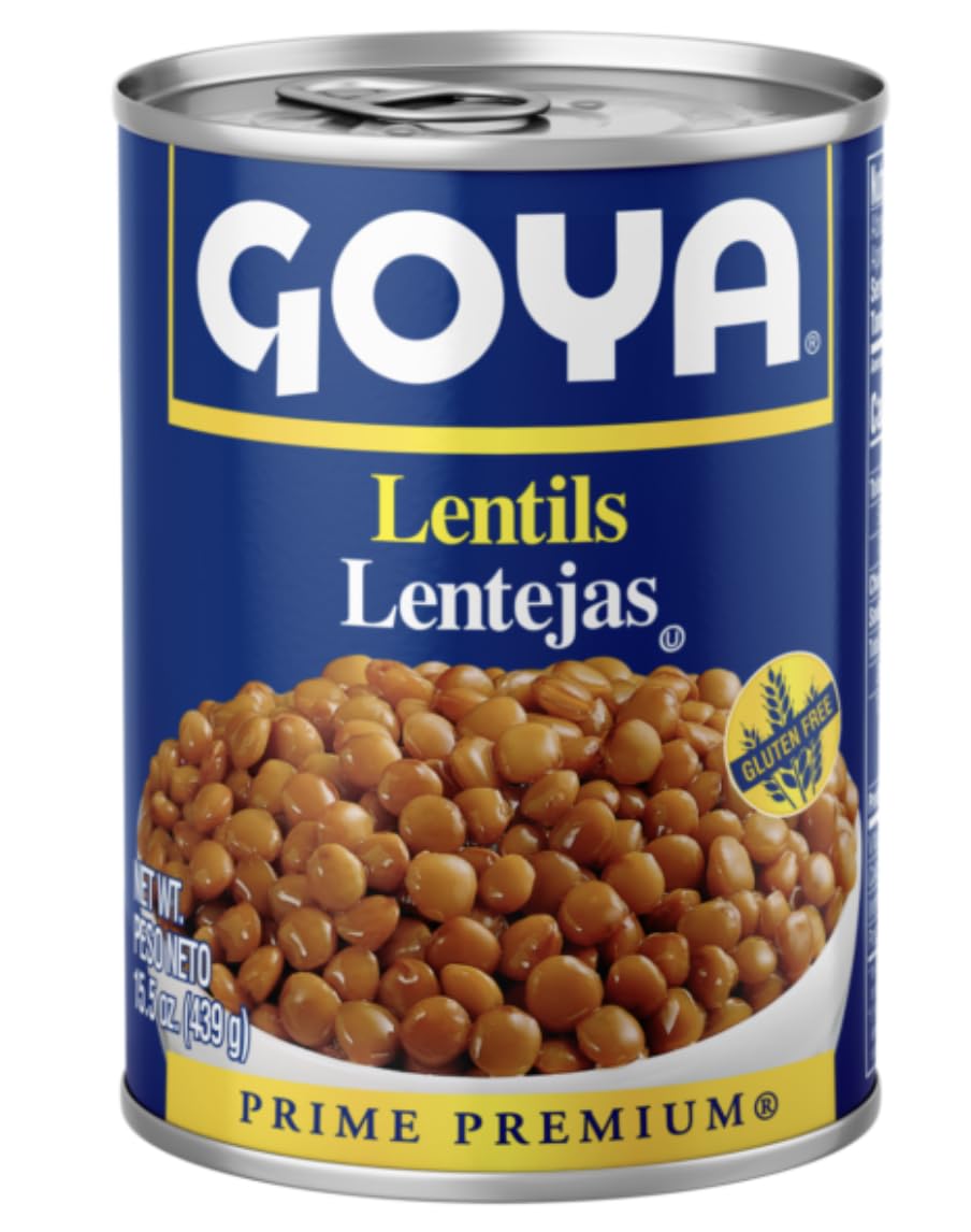 Goya lentils front can showing label and benefits for quick meals
