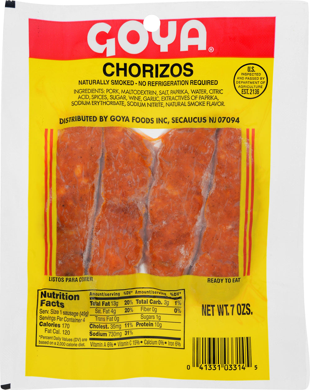 Goya chorizos front packaging showing smoked sausage ready to cook and serve