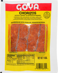 Goya chorizos front packaging showing smoked sausage ready to cook and serve