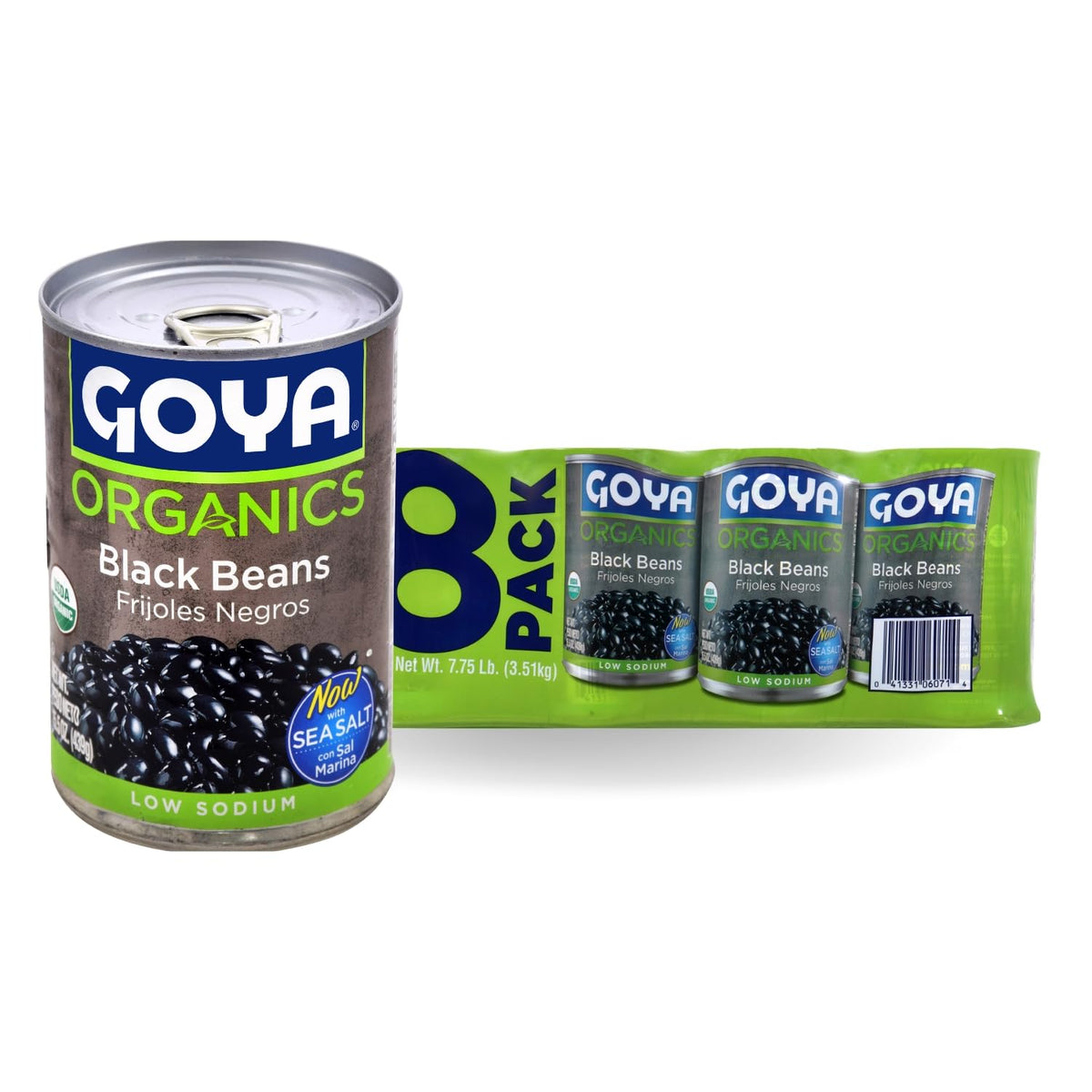 Goya organic black beans front can showing label and low-sodium benefit