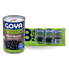 Goya organic black beans front can showing label and low-sodium benefit
