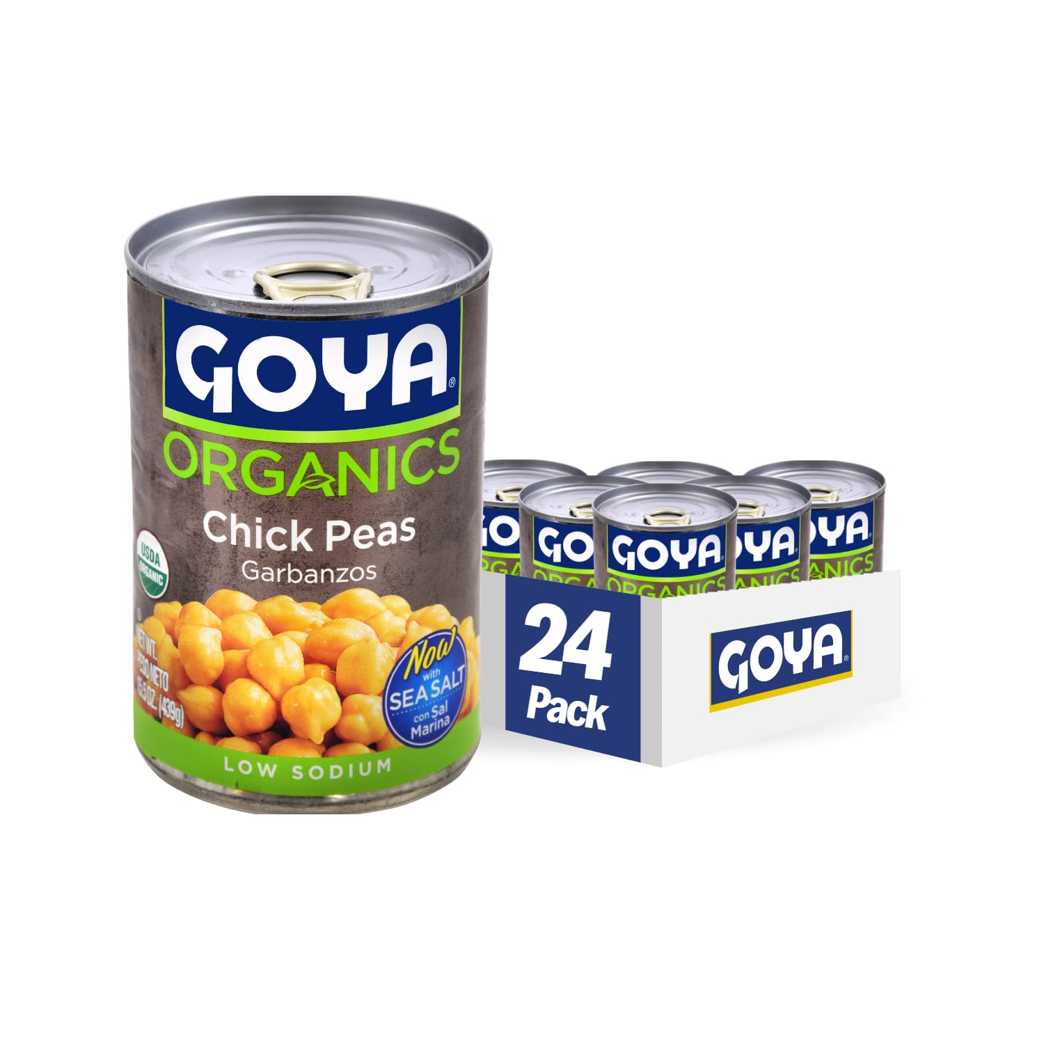 Goya front packaging showing organic chick peas, convenient 15.5 oz can and pack benefit