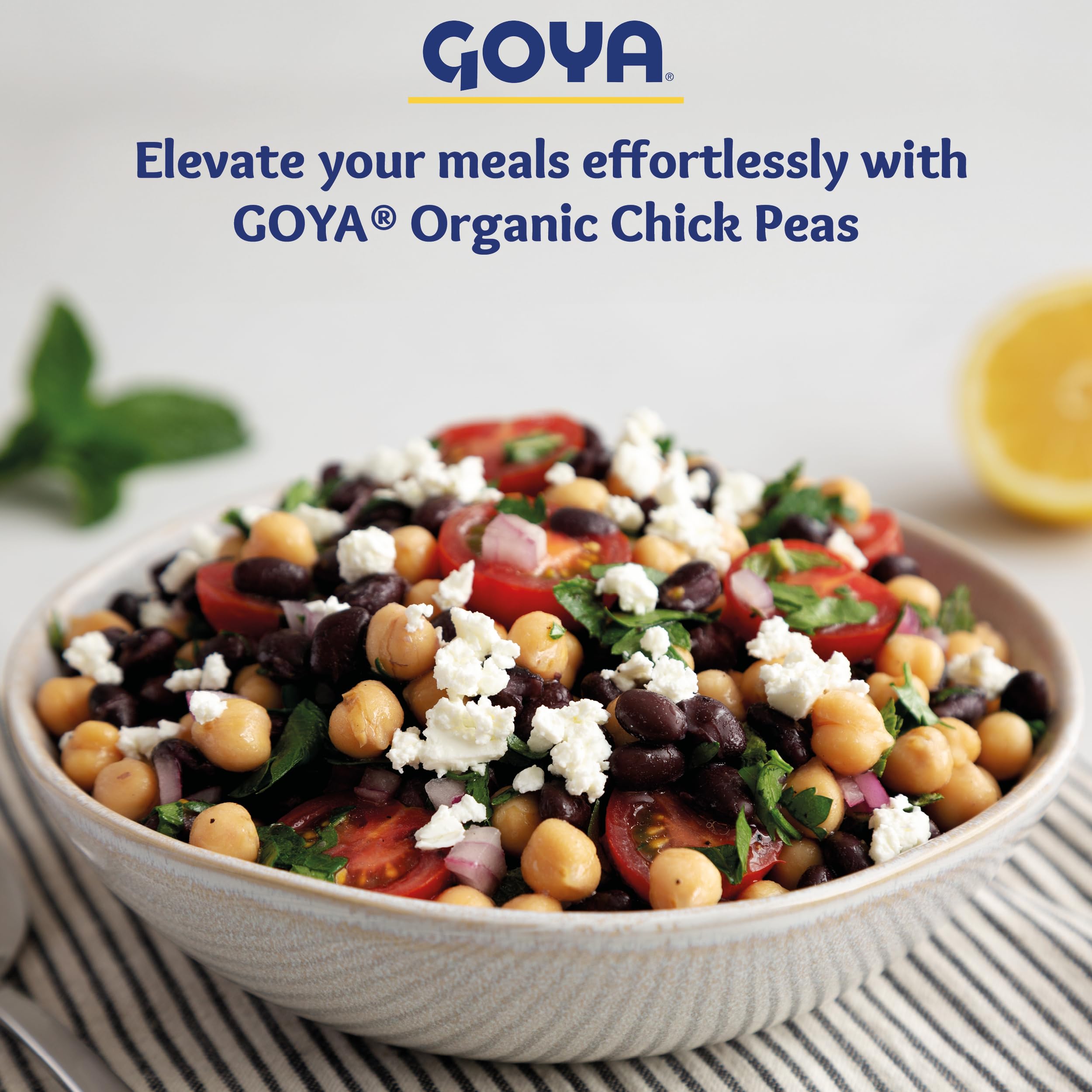 Goya chickpeas beside spoon for size and portion reference