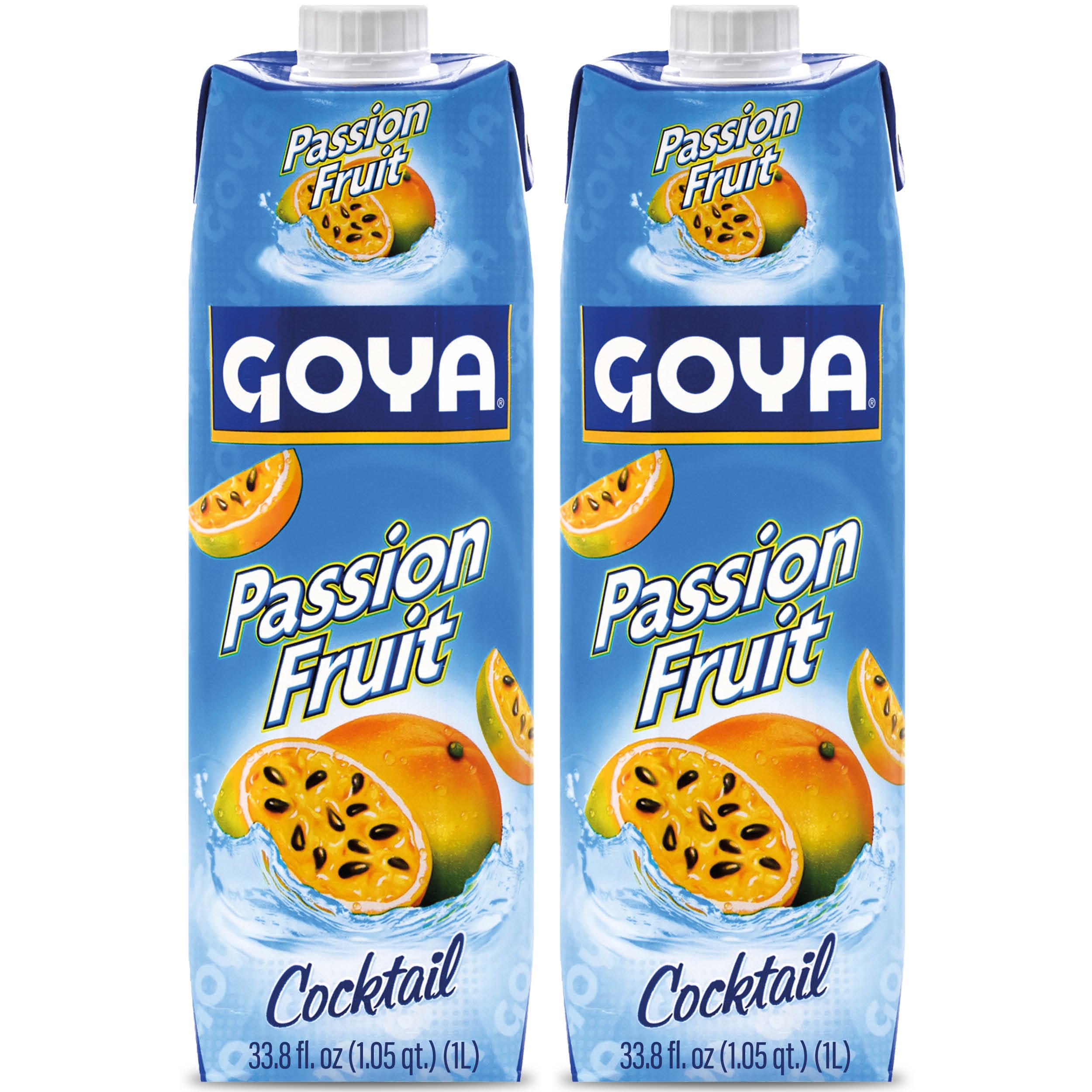 Goya passion fruit cocktail front packaging shows two bottles for pantry convenience