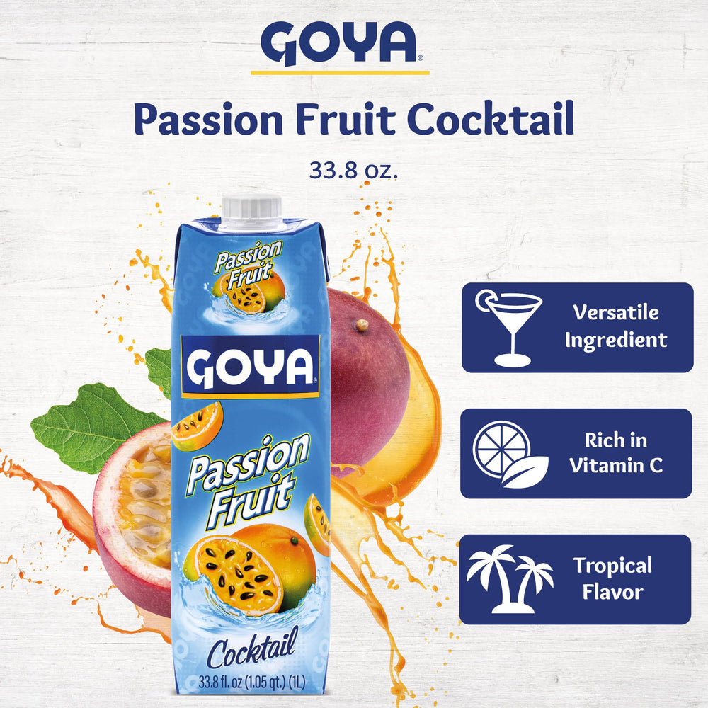 Goya passion fruit cocktail pouring into glass for immediate refreshment