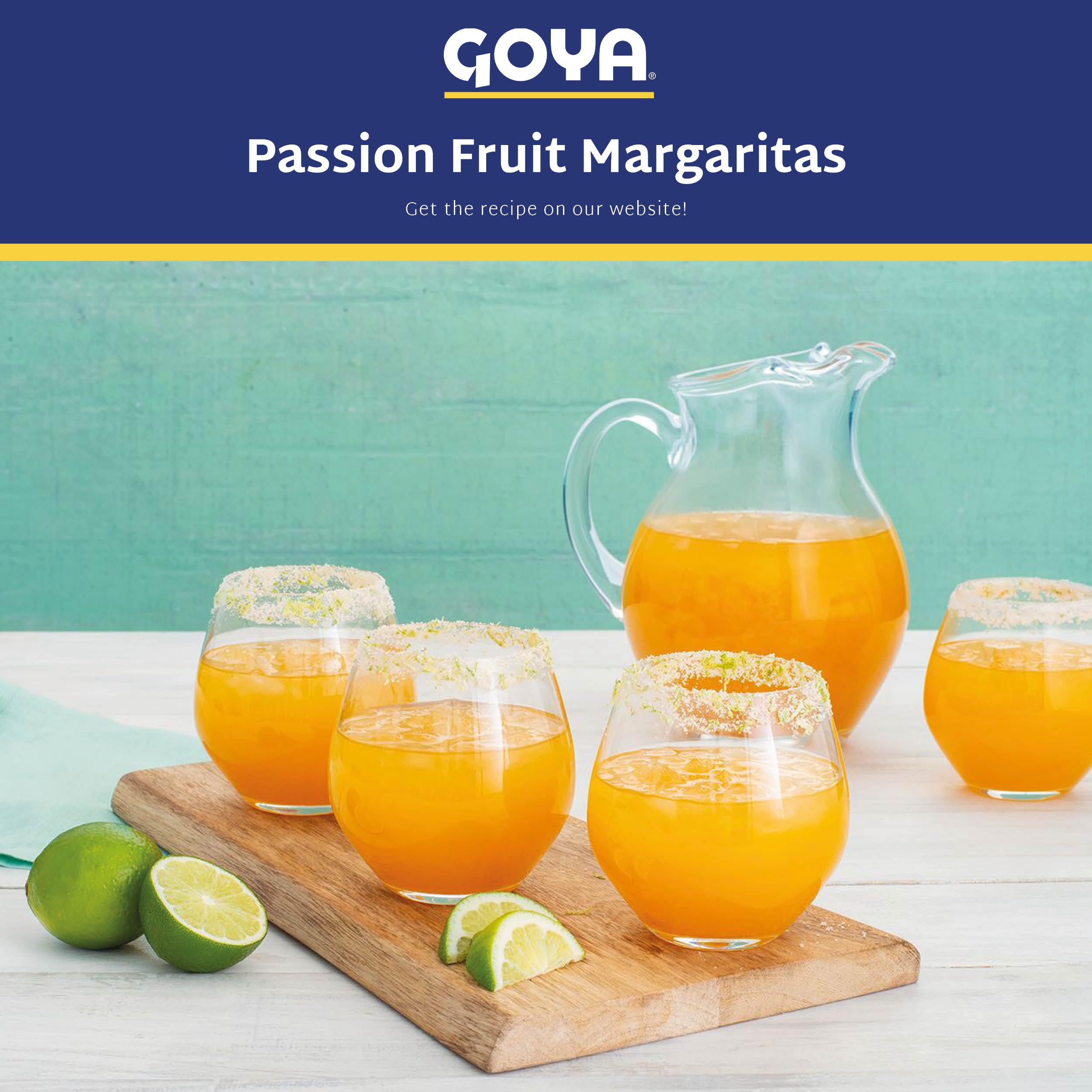 Goya passion fruit cocktail next to hand shows 33.8 oz bottle size clarity