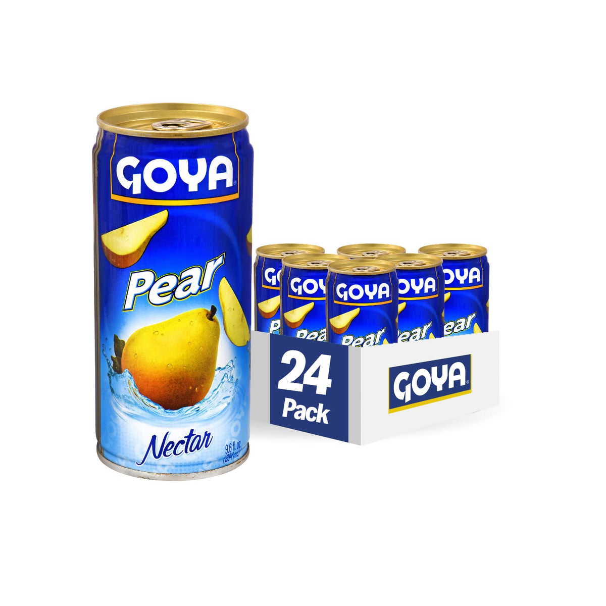 Goya pear nectar front can showing label and ready-to-drink refreshment