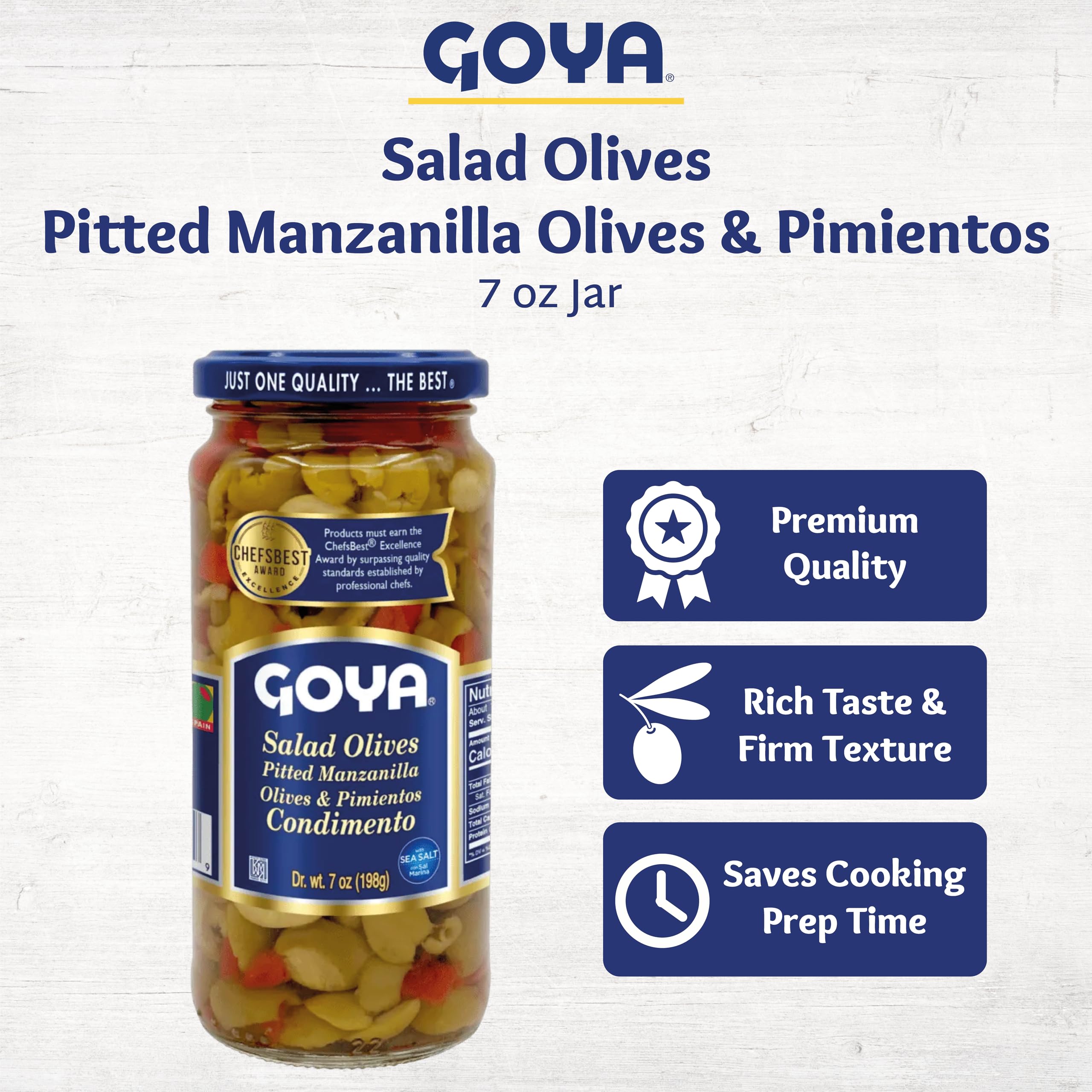 Close-up of Goya olives texture highlighting firm flesh and pimiento strips for flavor