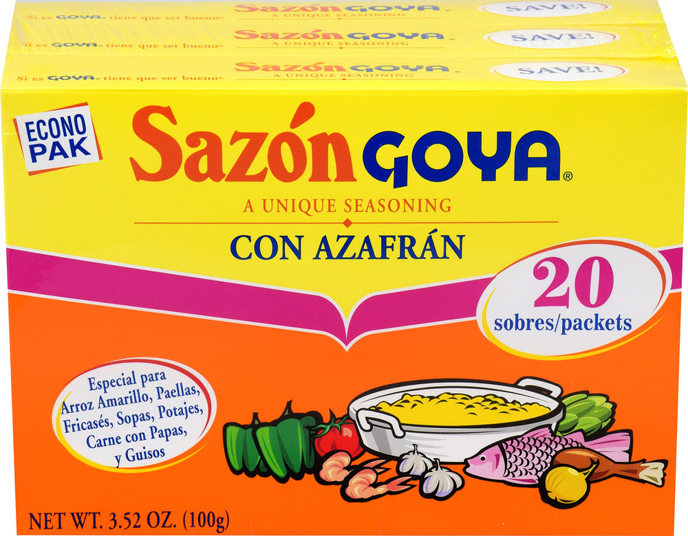 Goya box front view showing brand and saffron seasoning benefits