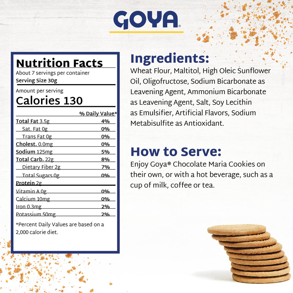 Goya stacked Maria cookies on a plate illustrating portion size and snack appeal