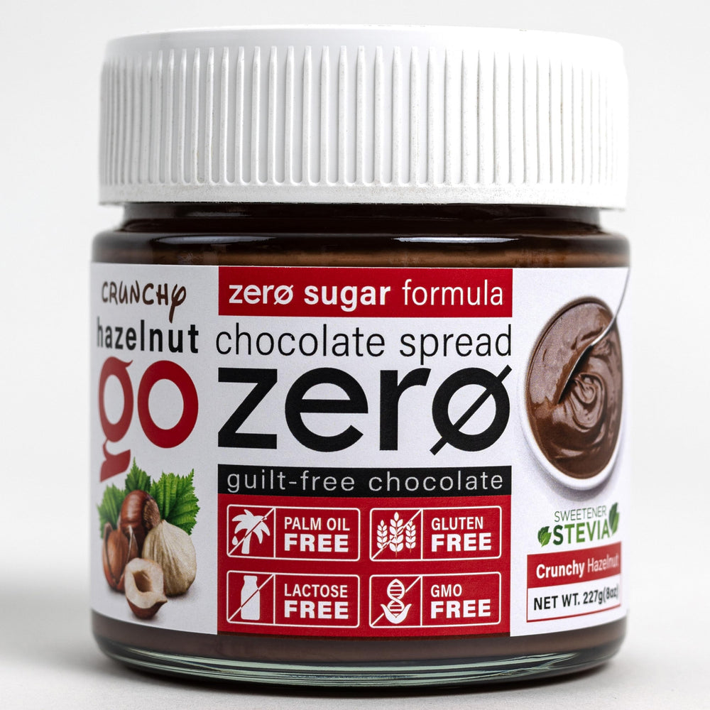 go zero front jar showing crunchy hazelnut spread and appealing label benefit of zero sugar
