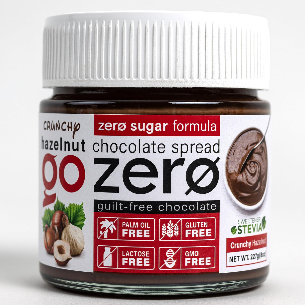 go zero front jar showing crunchy hazelnut spread and appealing label benefit of zero sugar