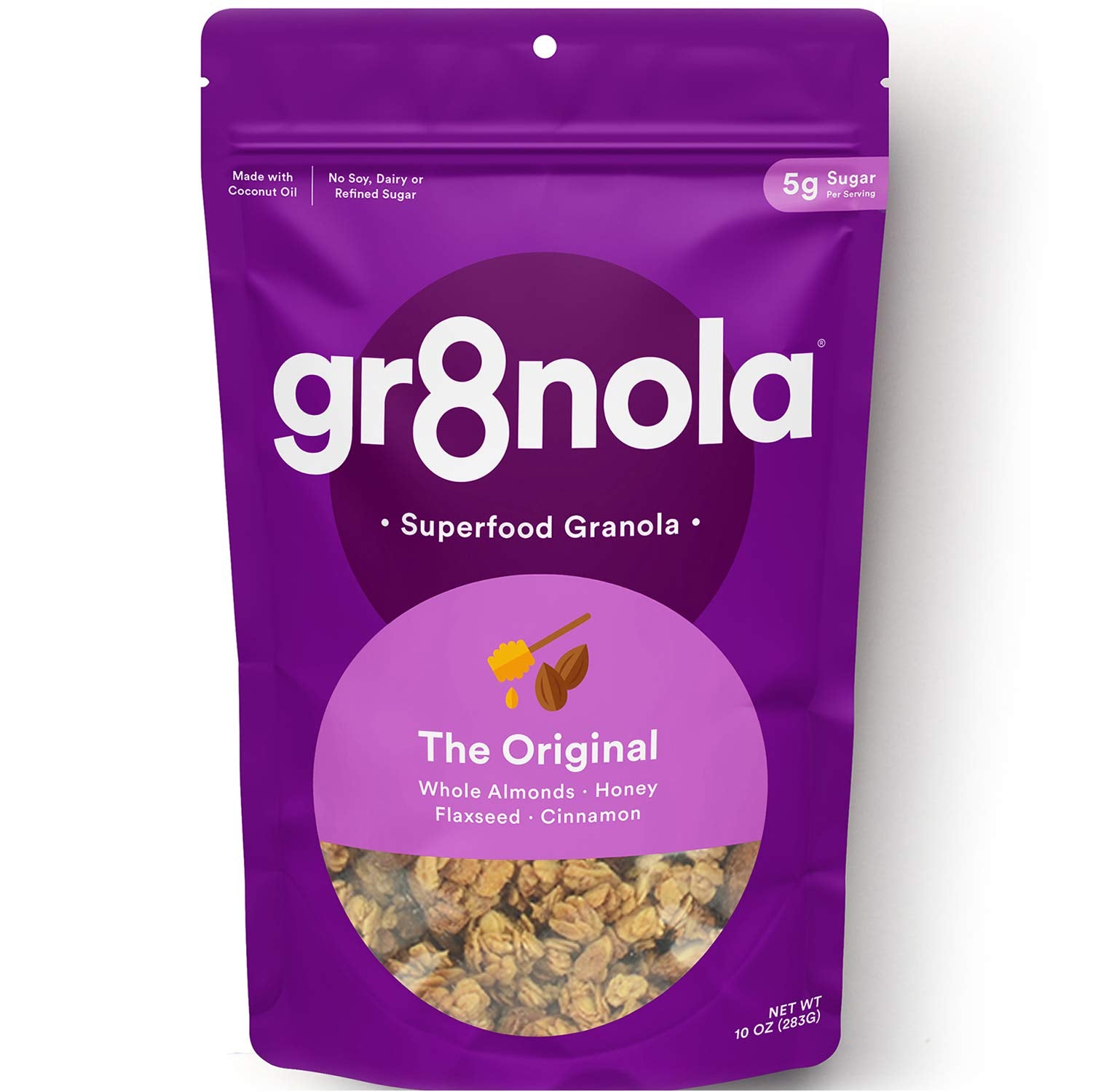 gr8nola front packaging showing 10oz bag and branding, helps choose healthier cereal