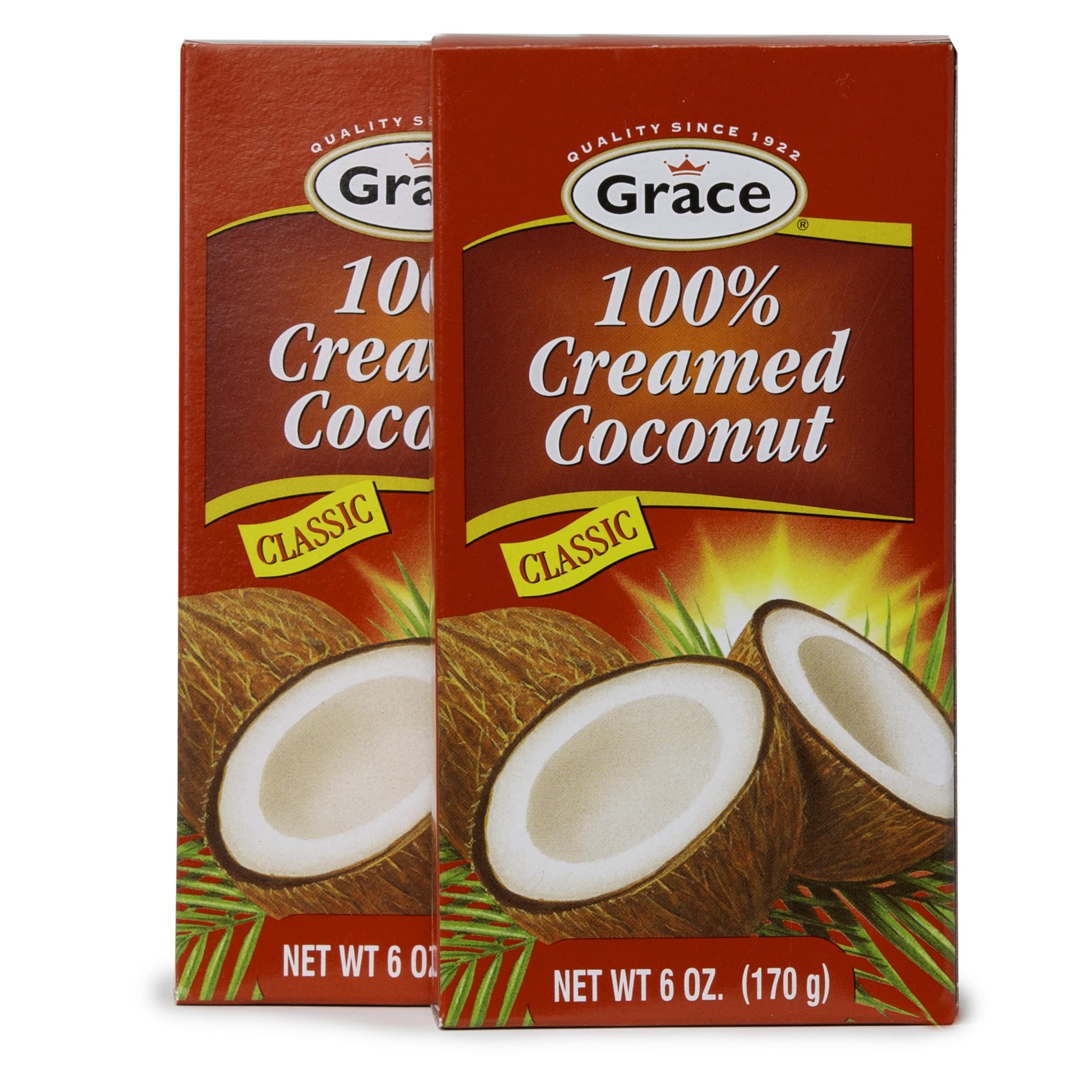 Grace creamed coconut front packaging shows 6 oz block and clear labeling benefits