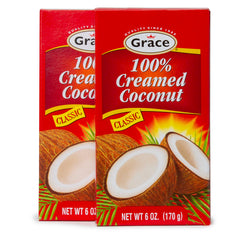 Grace creamed coconut front packaging shows 6 oz block and clear labeling benefits