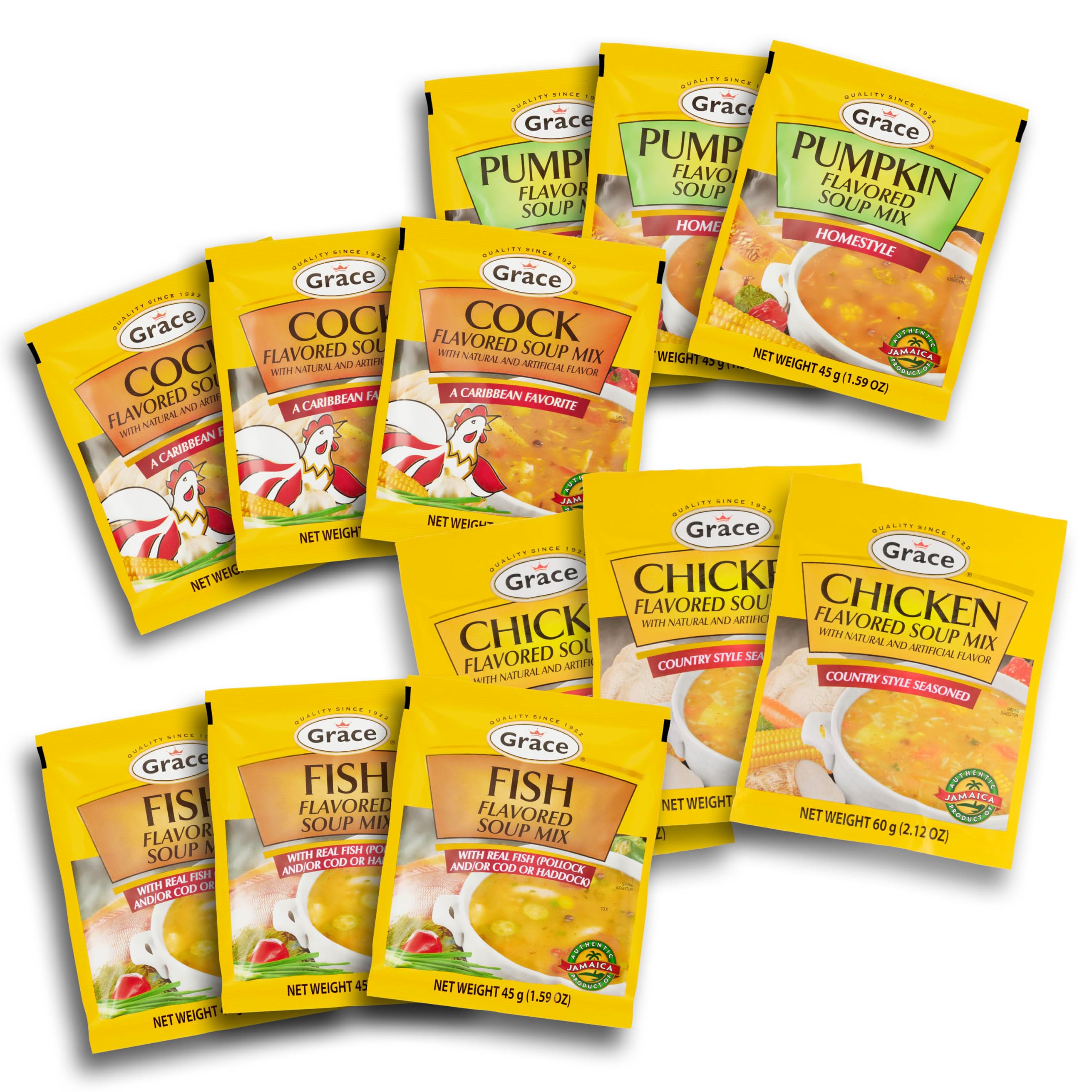 Grace front packaging showing 12-pack variety and flavor names, quick meal ready