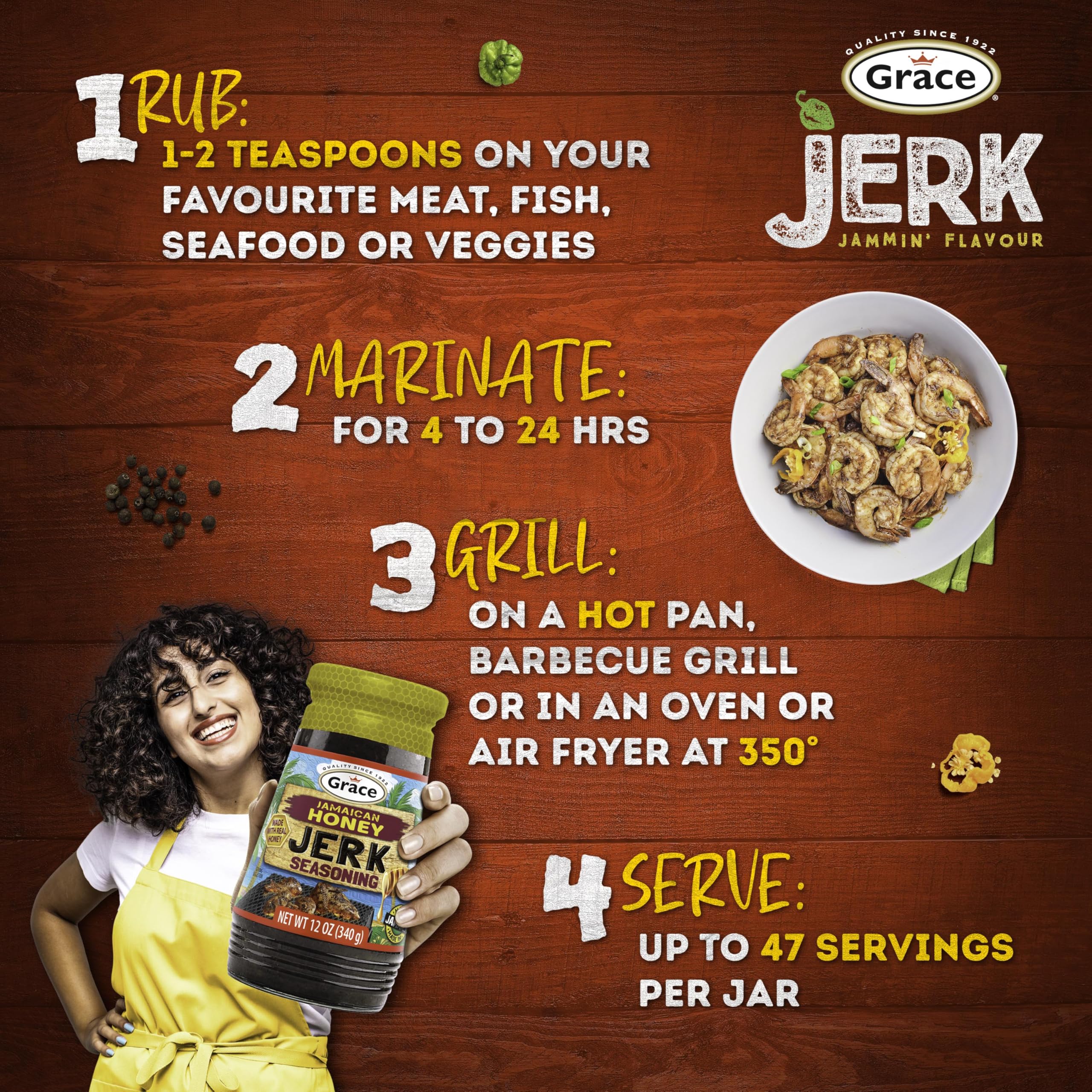 Lifestyle kitchen scene with Grace seasoning beside prepared dishes, suggests everyday use