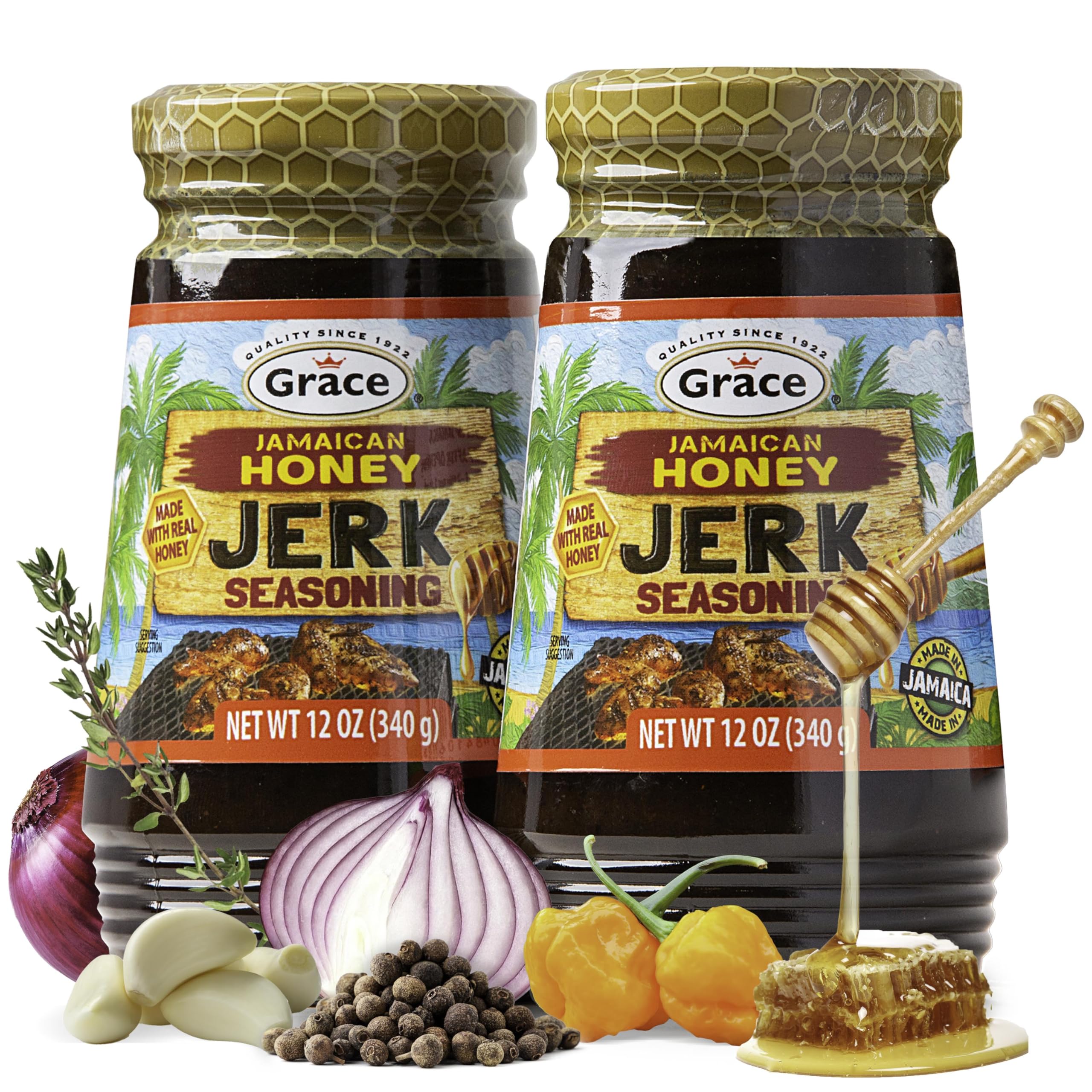 Grace jar front view showing honey jerk seasoning and bold flavor benefit