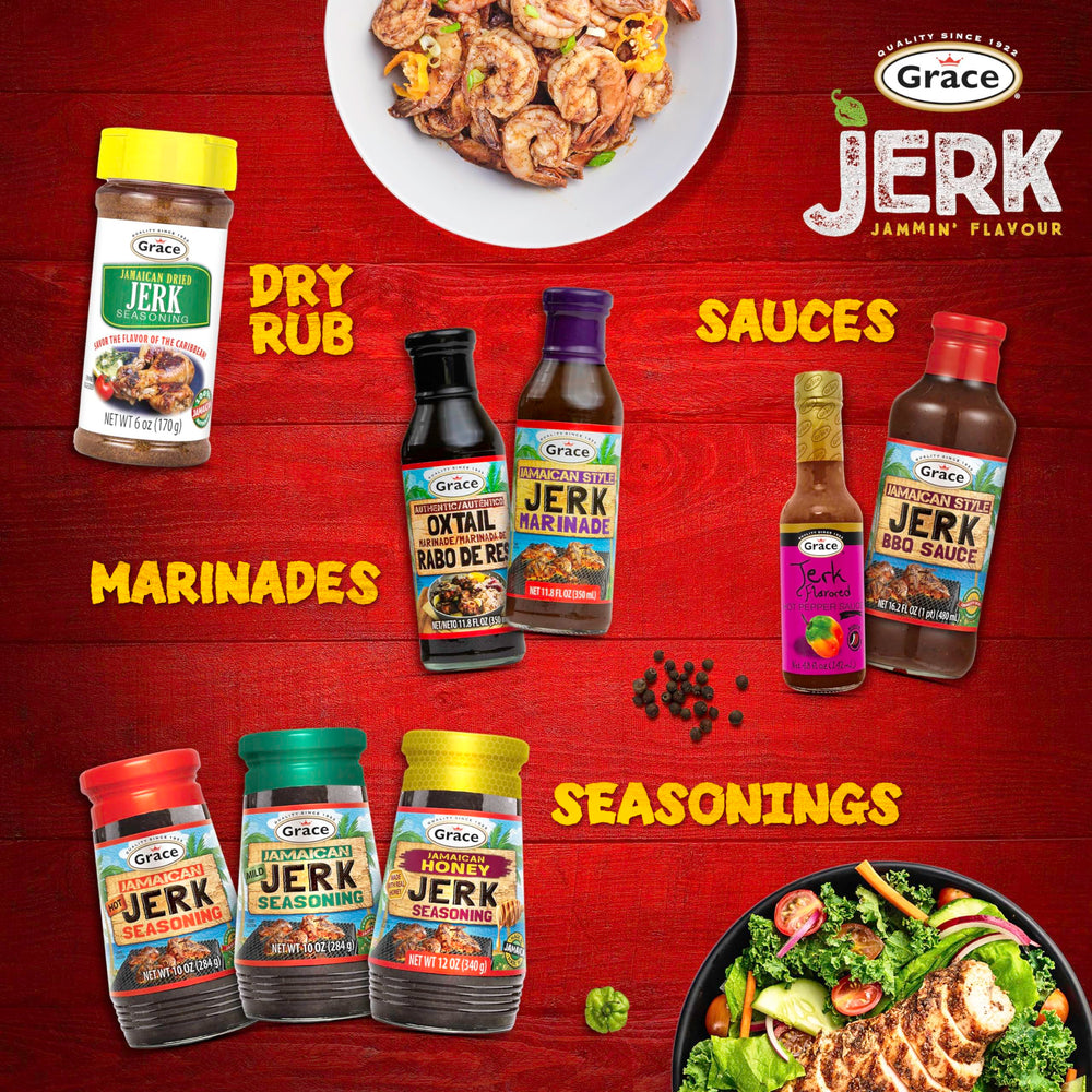 Label close-up on Grace jar displaying ingredients and authentic Jamaican origin
