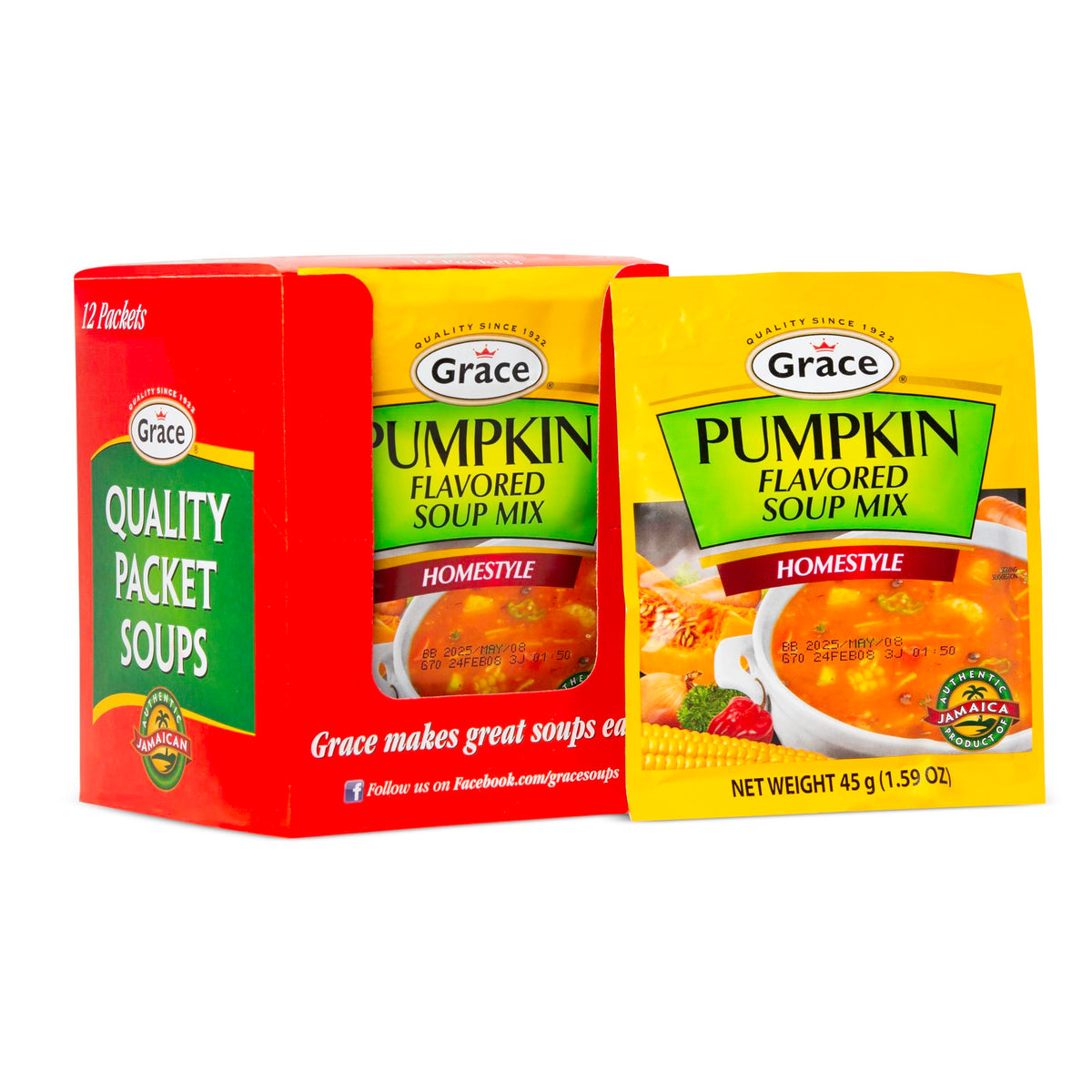 Grace front packaging showing 12-pack and Jamaican pumpkin flavor, highlights convenience