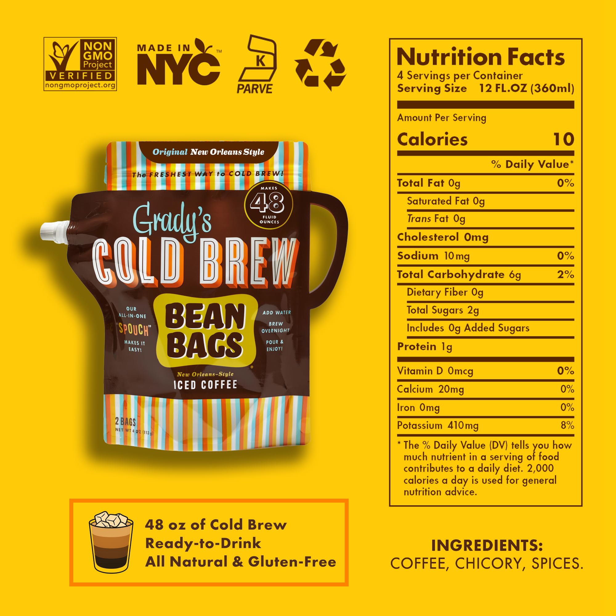 Close-up of Grady's Cold Brew single-use bean bag displaying texture and brewing simplicity