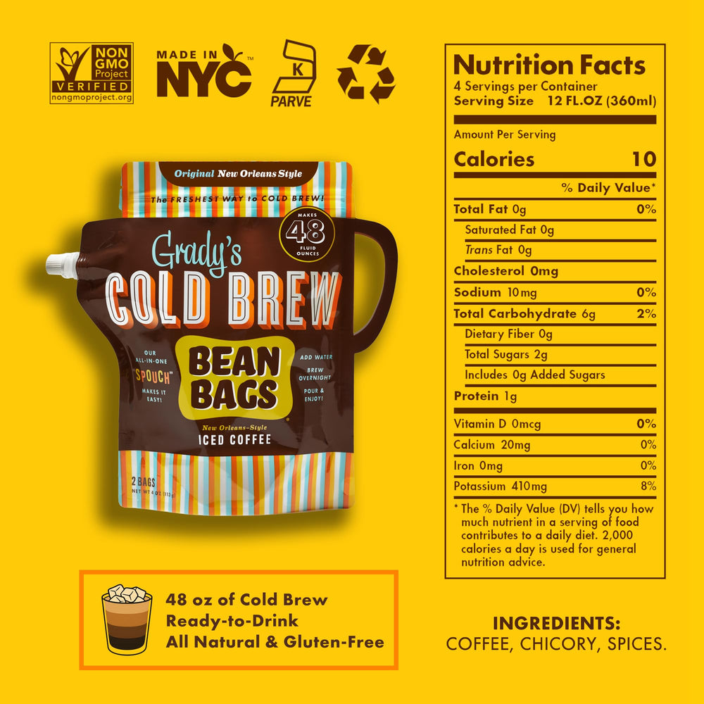Close-up of Grady's Cold Brew single-use bean bag displaying texture and brewing simplicity
