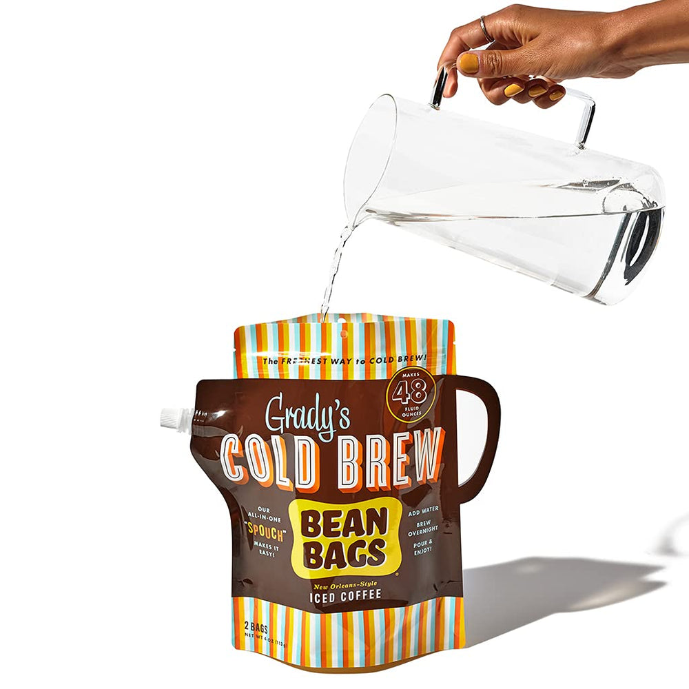 Grady's Cold Brew bean bag steeping in a pitcher in fridge demonstrating easy cold brew preparation
