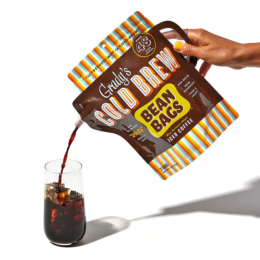 Glass of iced Grady's Cold Brew concentrate diluted and served showing bold flavor and refreshment