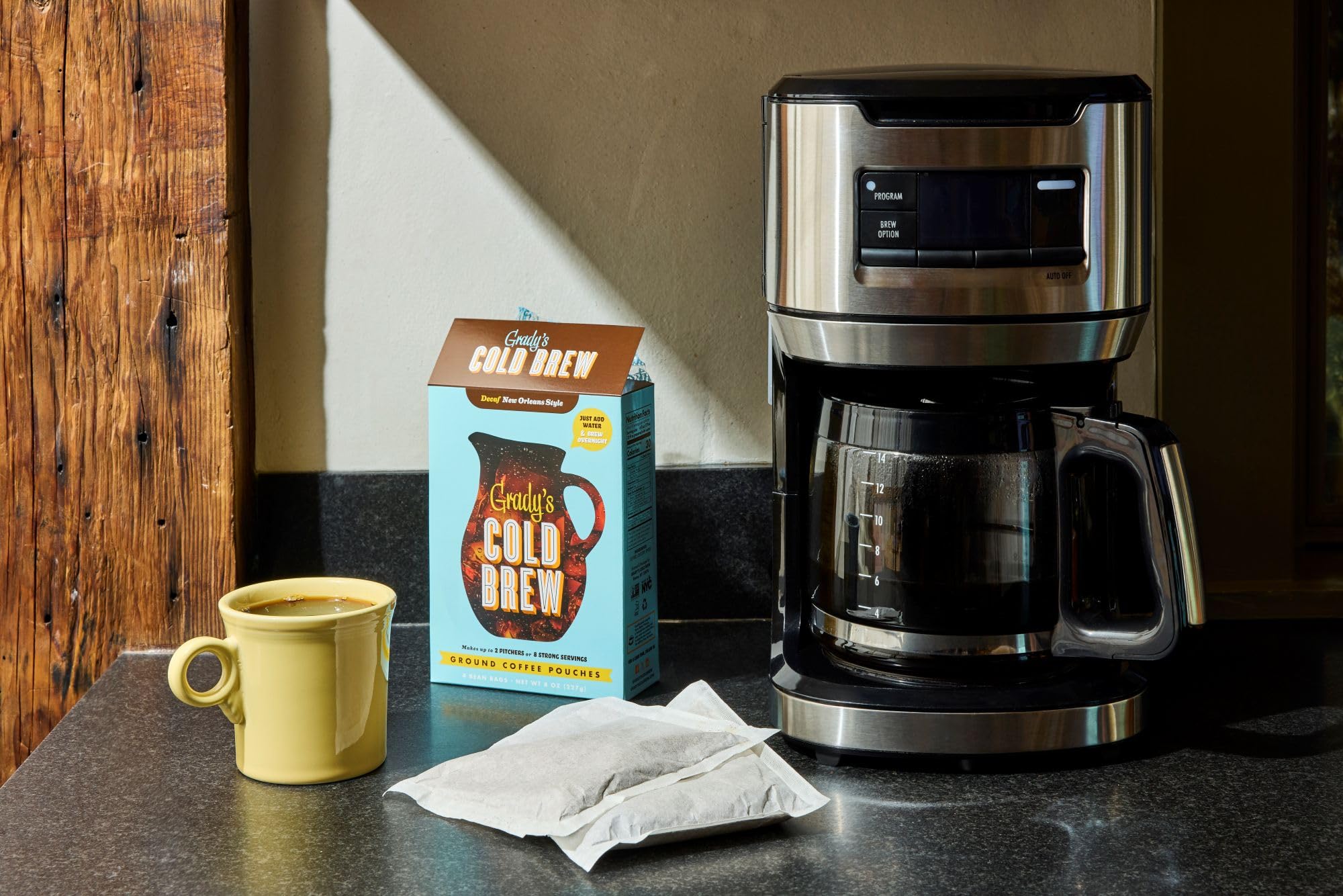 Kitchen breakfast scene with Grady's decaf iced coffee showing time-saving convenience