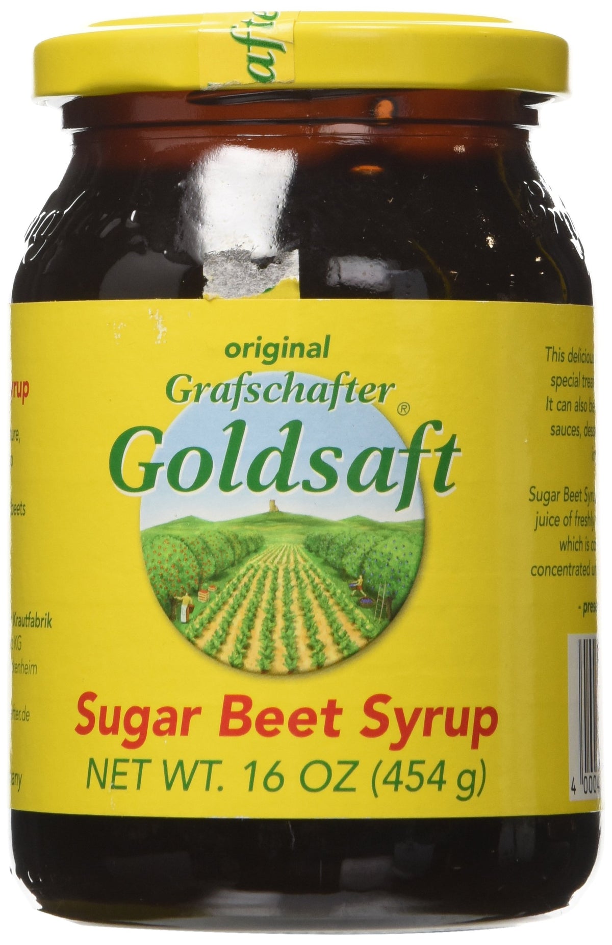 Grafschafter jar front view showing label and 16 oz size, premium German syrup benefit