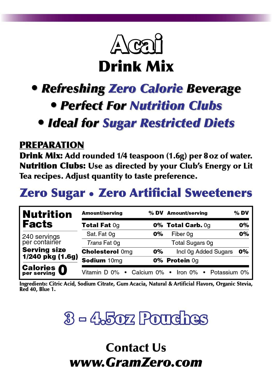 Glass of prepared GramZero acai drink over ice demonstrating refreshing zero-calorie beverage
