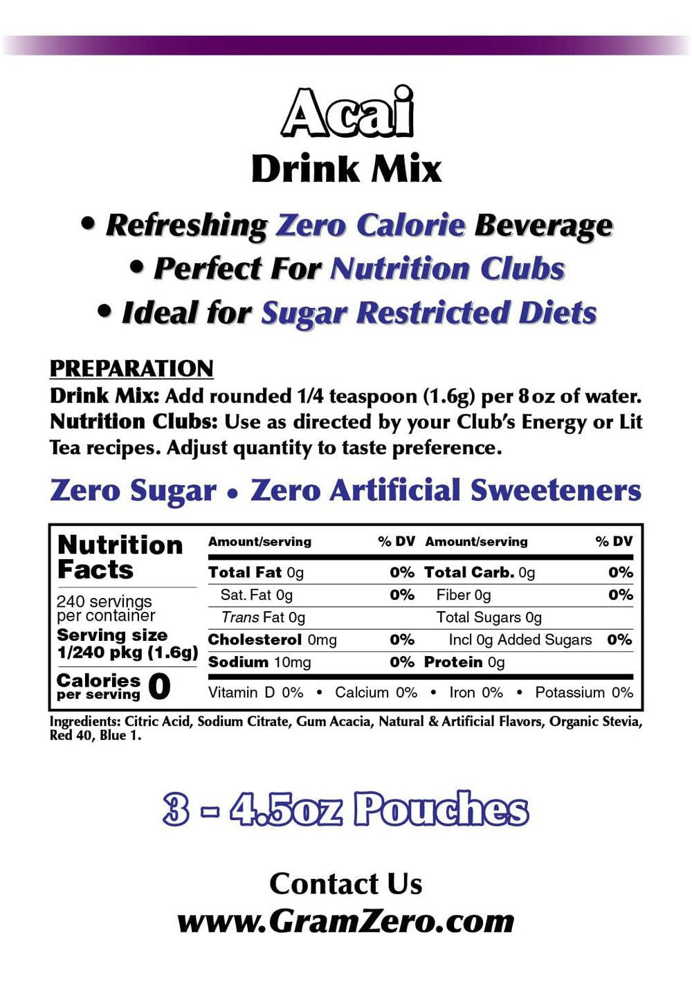 Glass of prepared GramZero acai drink over ice demonstrating refreshing zero-calorie beverage